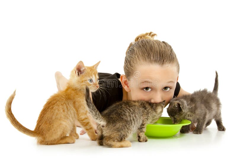 Adorable Girl Child Sharing Kitten s Milk Bowl