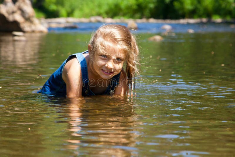 Adorable Girl in River on Sunny Day Stock Image - Image of curly ...