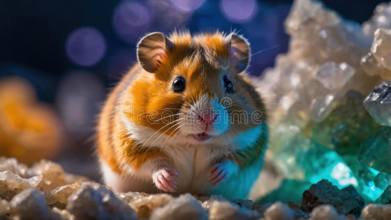 Adorable Golden Hamster Posing unter glühenden Kristallen stock abbildung