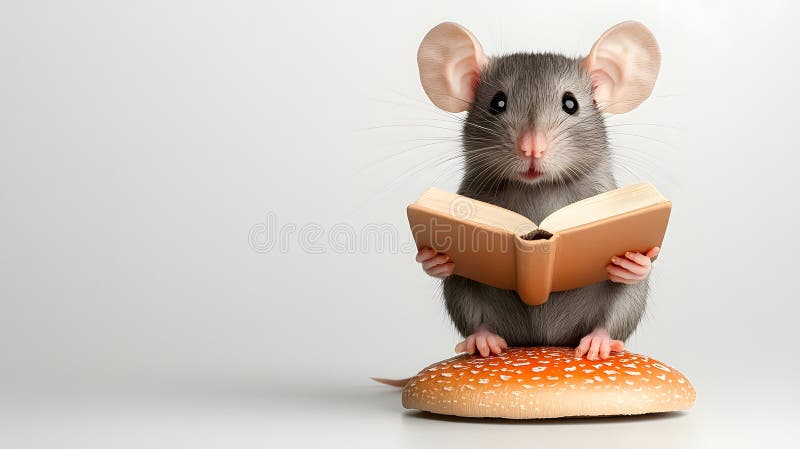 Adorable Gray Mouse Reading Book on Sesame Bun. Adorable gray mouse sits on a sesame seed bun, attentively reading a small book against a light gray background. The image features a whimsical, Generative AI