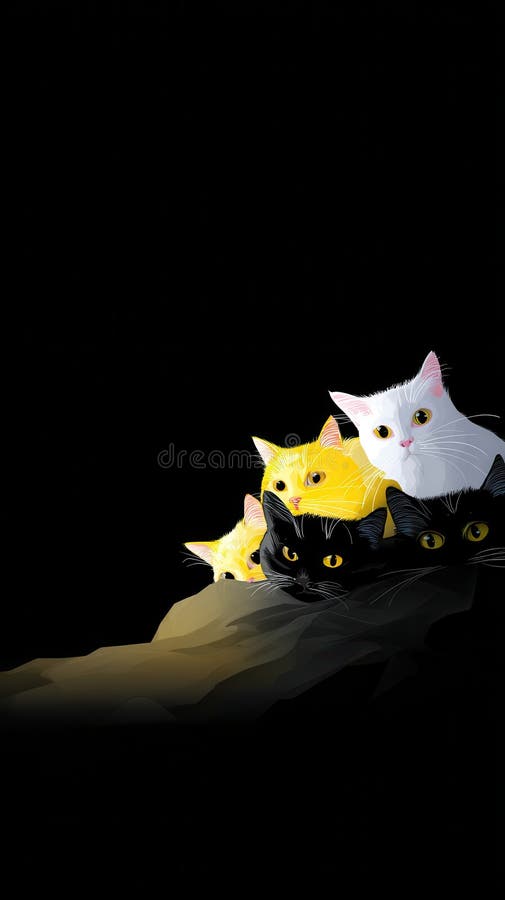 Adorable Group of Cats Hiding in Darkness Black White Yellow Kittens vector illustration