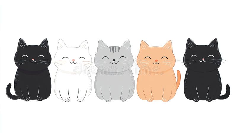 Adorable group of five cats sitting side by side vector illustration
