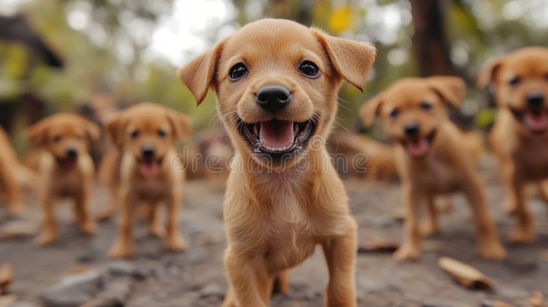 Adorable group of happy puppies outdoors vector illustration
