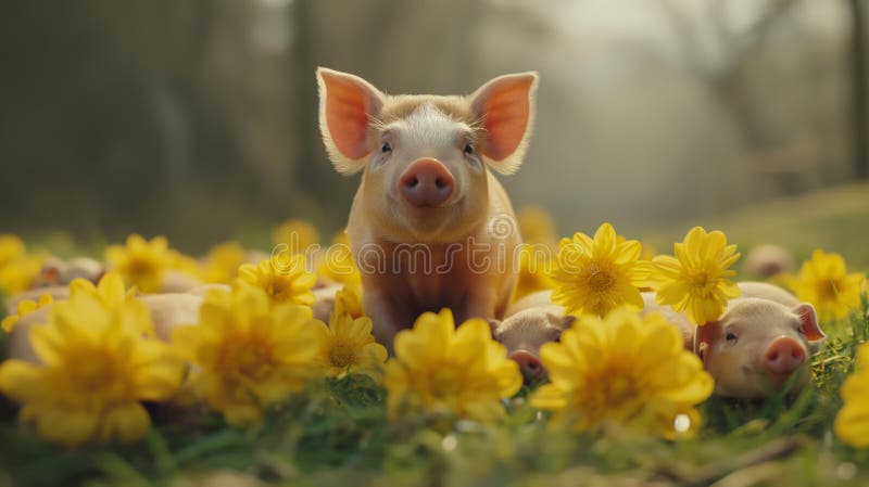 Adorable group of little pigs in field of yellow flowers royalty free illustration