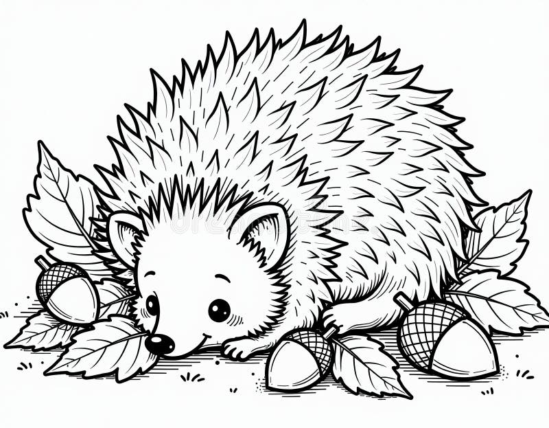 Adorable Hedgehog with Acorns Coloring Page Illustration royalty free illustration