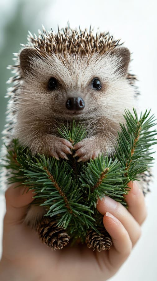 Adorable Hedgehog Holding Christmas Tree Branch with Pine Cones Stock