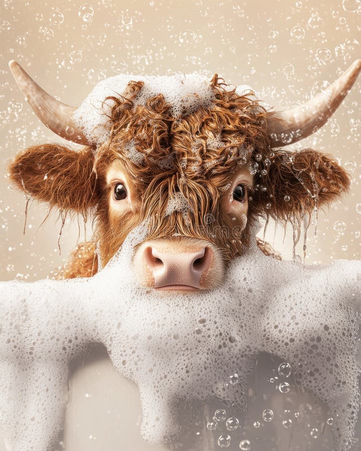 Adorable Highland Cow Taking a Bubble Bath. royalty free stock images