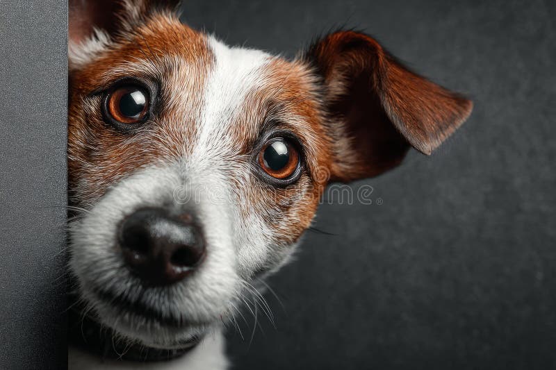 Adorable jack russell terrier peeking around a corner with a curious expression on its face royalty free stock images