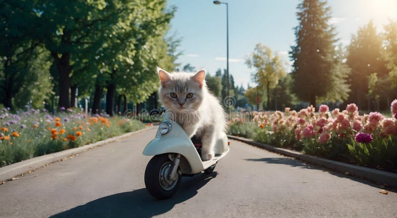 Adorable Katze auf einem Roller süße kleine Kätzchen fröhlich reiten ein lebendiger Roller lizenzfreie abbildung