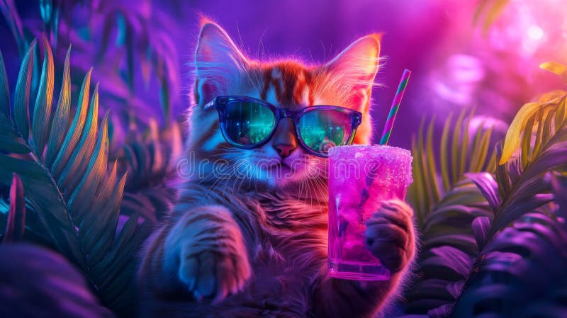 An adorable kitten with colorful gradient fur wears stylish sunglasses and holds a tropical drink in a vibrant, neon-lit jungle stock photography