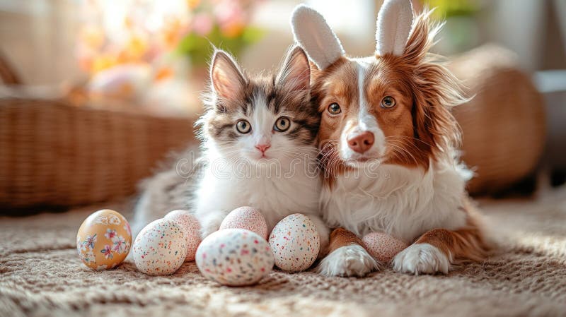 Adorable kitten and dog with bunny ears surrounded by colorful easter eggs. Easter, Pascha, Paskha, Ostern, Pascua royalty free stock image