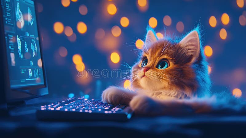 Adorable kitten engrossed in gaming by computer screen with neon bokeh lights royalty free stock photos