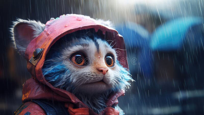 Adorable kitten with large eyes soaking wet from rain outside in future cyber city streets - generative AI royalty free illustration