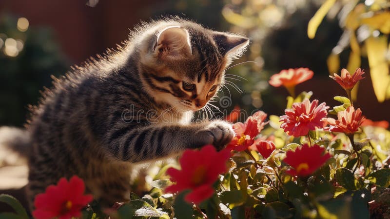 Adorable Kitten Odkrywanie Żywych Kwiatów Ogrodowych ilustracja wektor