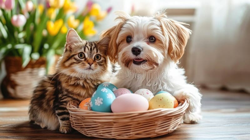 Adorable kitten and puppy with easter egg basket in colorful spring setting. Easter, Pascha, Paskha, Ostern, Pascua stock images