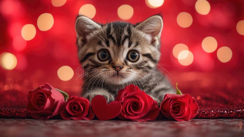 Adorable kitten among red roses and heart on sparkling background. The 14th of February. Happy Valentine&#x27;s Day stock photos