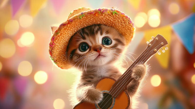 Adorable kitten in straw hat playing tiny guitar with colorful bokeh background Happy Cinco de mayo royalty free stock images
