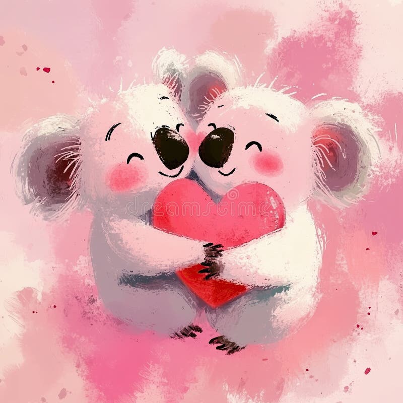 Adorable koalas holding heart, expressing love and affection in whimsical style vector illustration