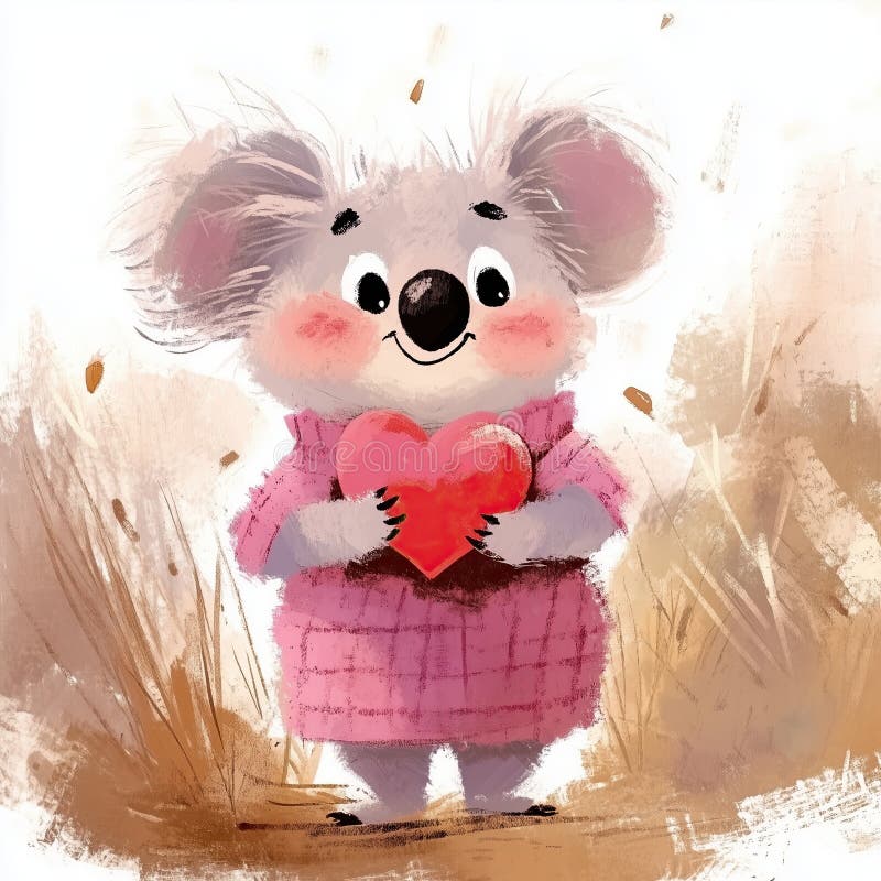 Adorable light blue koala holding red heart, expressing love and joy stock illustration