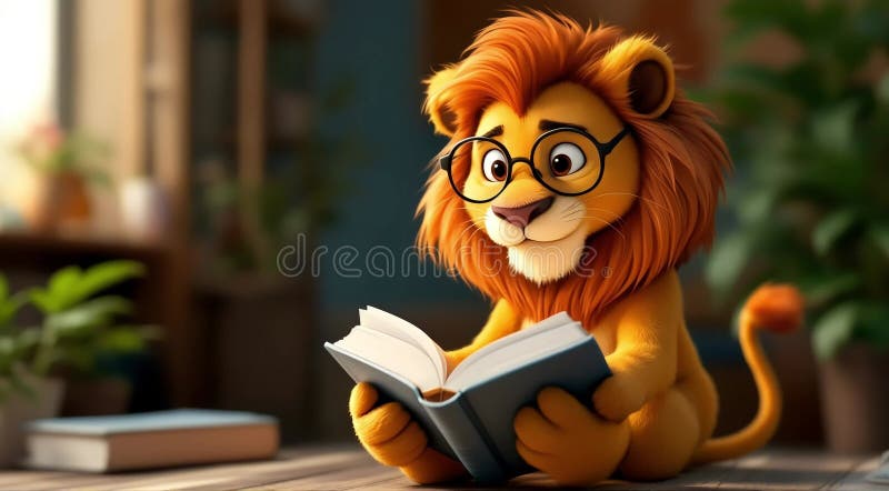 Adorable lionceau lecture livre confortable maison illustration de vecteur