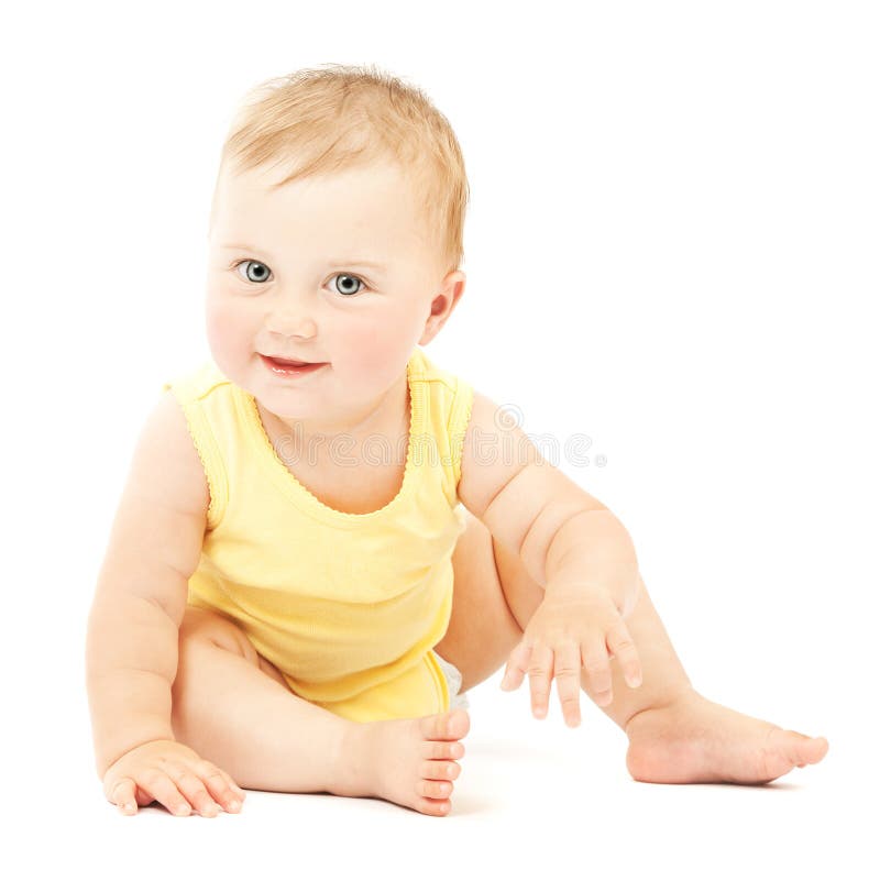 Adorable little baby. Girl smiling, sitting on the floor, studio shot, isolated on white background, lovely baby portrait stock image Adorable little baby. Girl smiling, sitting on the floor, studio shot, isolated on white background, lovely baby portrait stock image