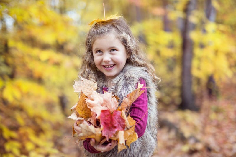 Adorable Little Girl in a Autumn Forest Stock Image - Image of play ...
