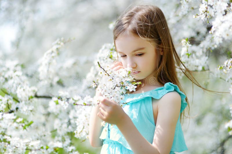 Adorable little girl in blooming cherry garden