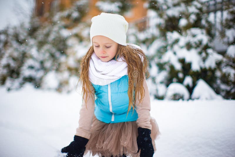 Adorable Little Girl Outdoors in Snow Winter Day Stock Image - Image of ...