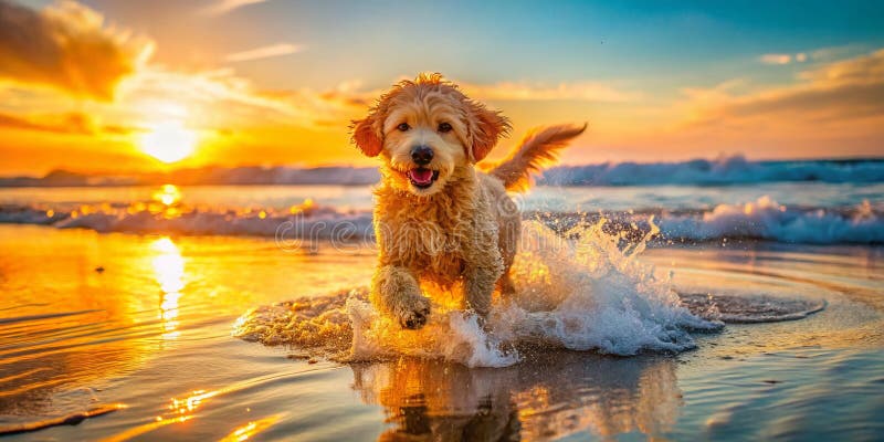 Adorable Miniature Golden Doodle Puppy cieszy się zabawnym dniem letnim na plaży Floryda rozbrzmiewającej w płytkiej ilustracji