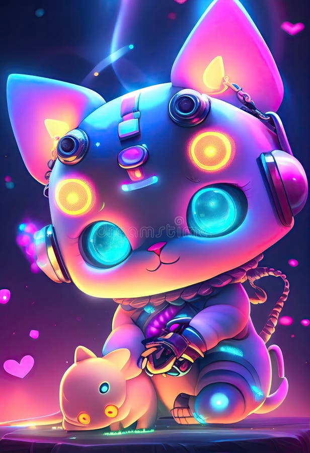 Neon rainbow anime kawaii cat Stock Illustration