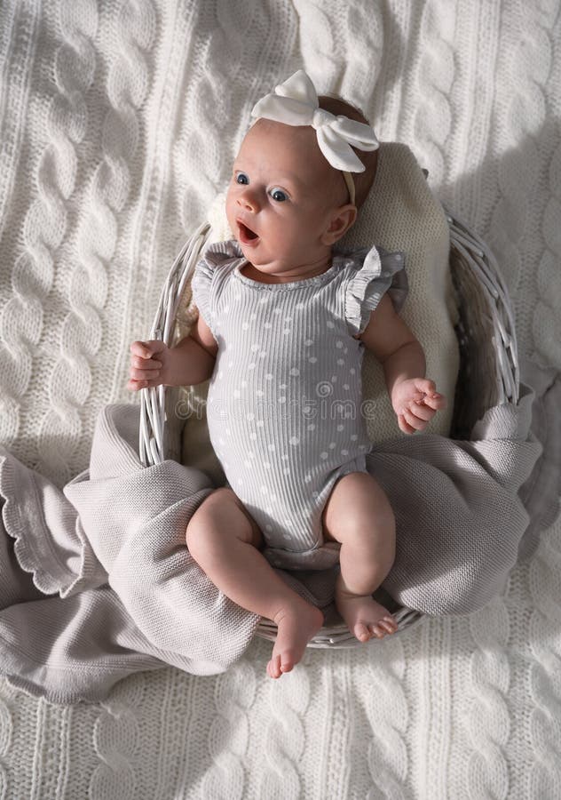 Adorable Newborn Baby in Basket on Bed, Top View Stock Photo Image of
