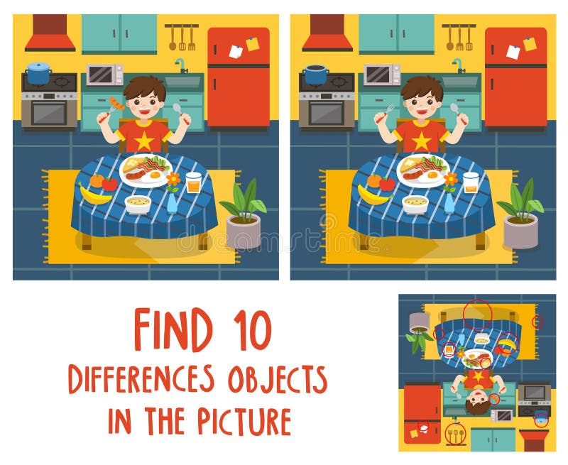 Adorable niño pequeño desayunar en la cocina Buscar 10 objetos diferentes en la imagen