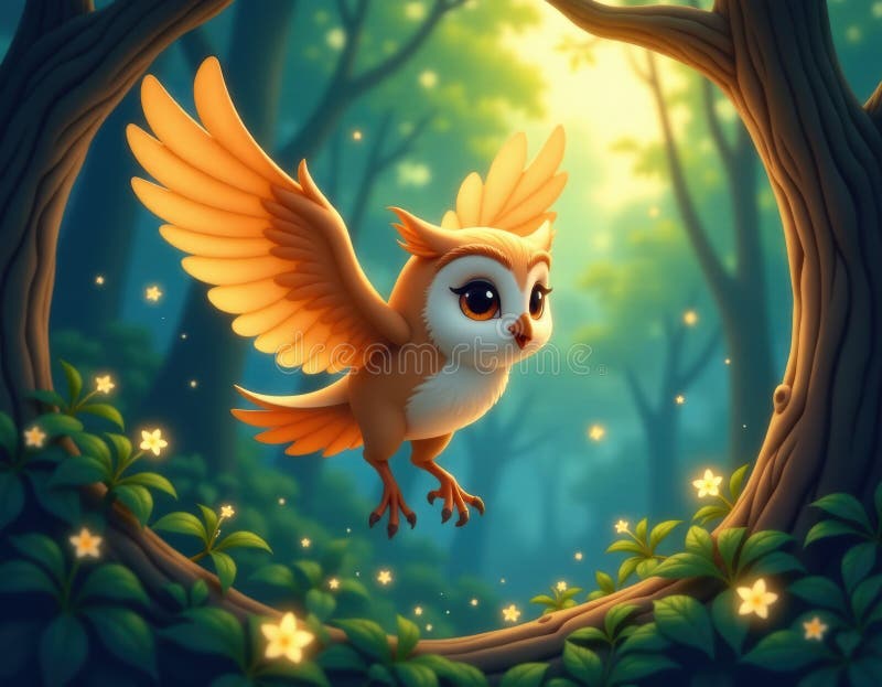 Adorable Owl in Enchanting Forest vector illustration