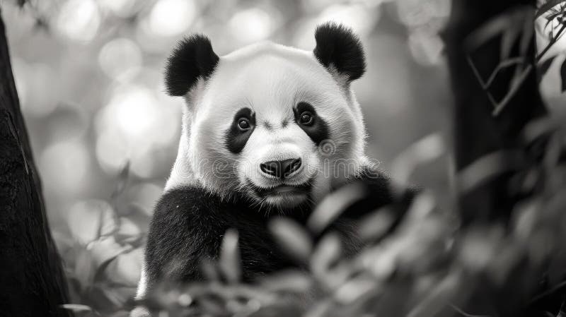 Adorable Panda in a Black and White Forest Portrait royalty free illustration