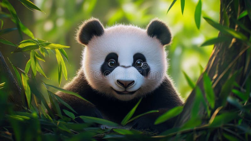 Adorable Panda Cub Amidst Lush Green Bamboo Forest stock illustration