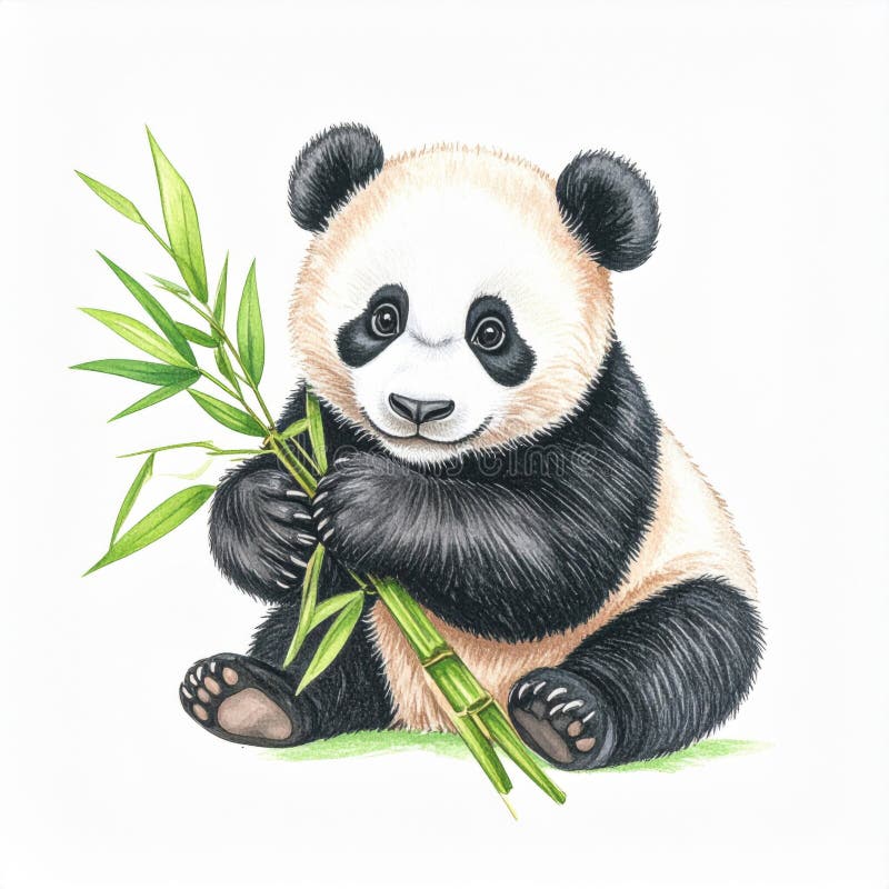 Adorable Panda Cub Holding Bamboo Shoots royalty free illustration
