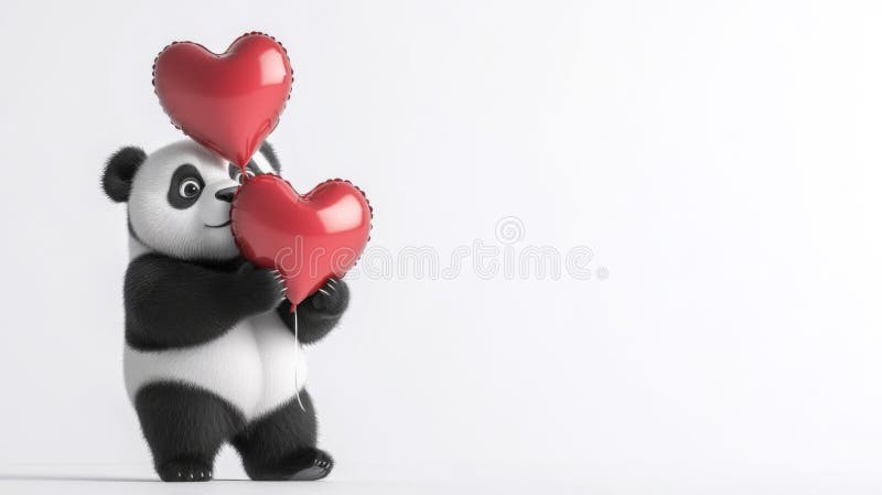Adorable Panda Cub Holding Two Red Heart Balloons stock illustration