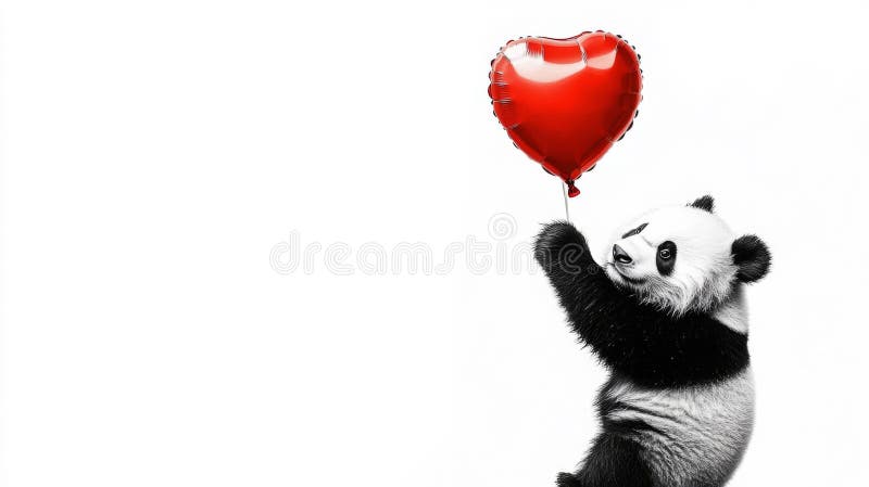 Adorable Panda Cub Holds Red Heart Balloon vector illustration