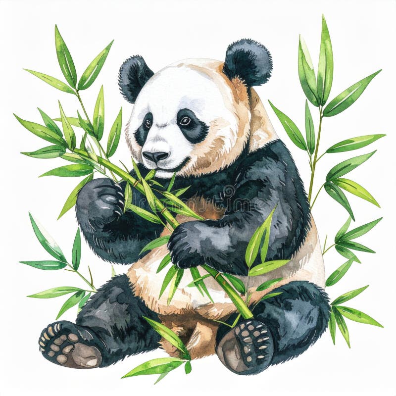 Adorable Panda Eating Bamboo Watercolor Illustration vector illustration