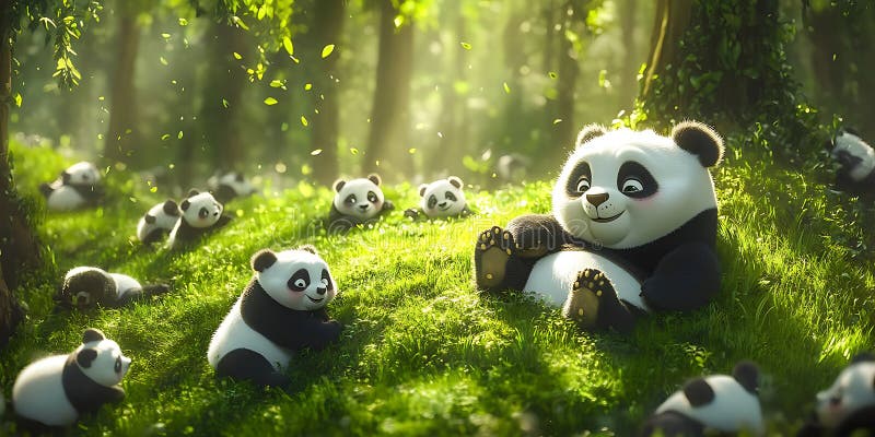 Adorable Panda Family in Lush Green Forest stock illustration