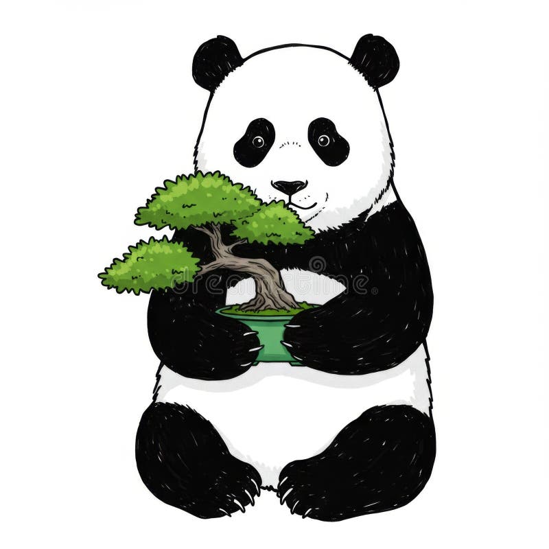 Adorable Panda Holding Bonsai Tree vector illustration