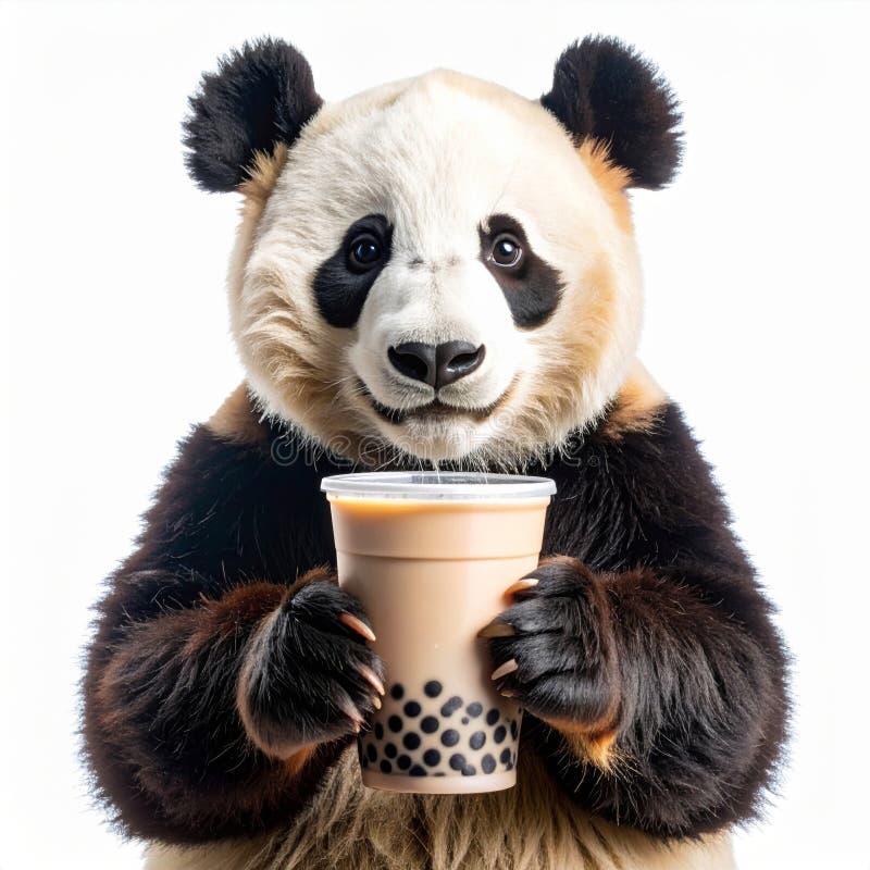 Adorable Panda Holding Bubble Tea Against White Background stock illustration