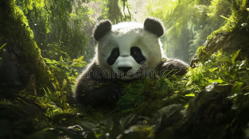 Adorable Panda in Lush Green Forest vector illustration