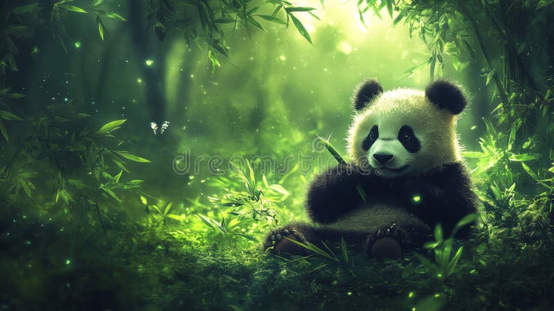 Adorable Panda in a Magical Bamboo Forest royalty free illustration