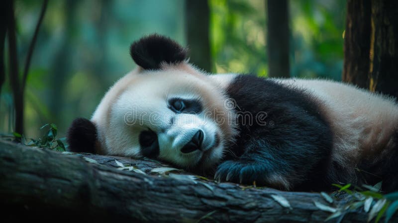 Adorable Panda Resting on Log in Lush Green Forest royalty free illustration
