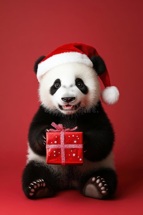 Adorable panda with santa hat holding christmas present royalty free illustration