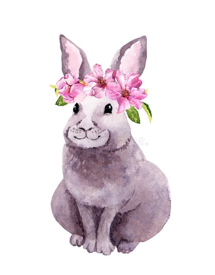 Adorable rabbit in floral wreath with pink spring flowers. Watercolor Easter bunny vector illustration Adorable rabbit in floral wreath with pink spring flowers. Watercolor Easter bunny vector illustration