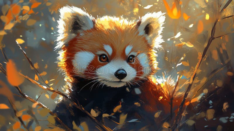 Adorable Red Panda Amidst Autumn Leaves stock illustration