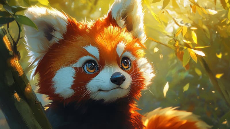 Adorable Red Panda Cub Among Autumn Leaves royalty free illustration
