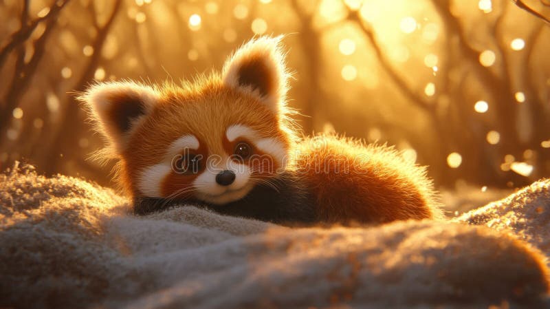 Adorable Red Panda Resting In Winter Sunlight vector illustration
